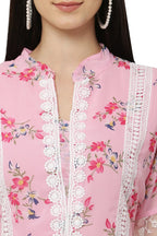 PAVONINE Pink Color Flower Printed Lace Bottom Dress For Girls & Women | Grocsy