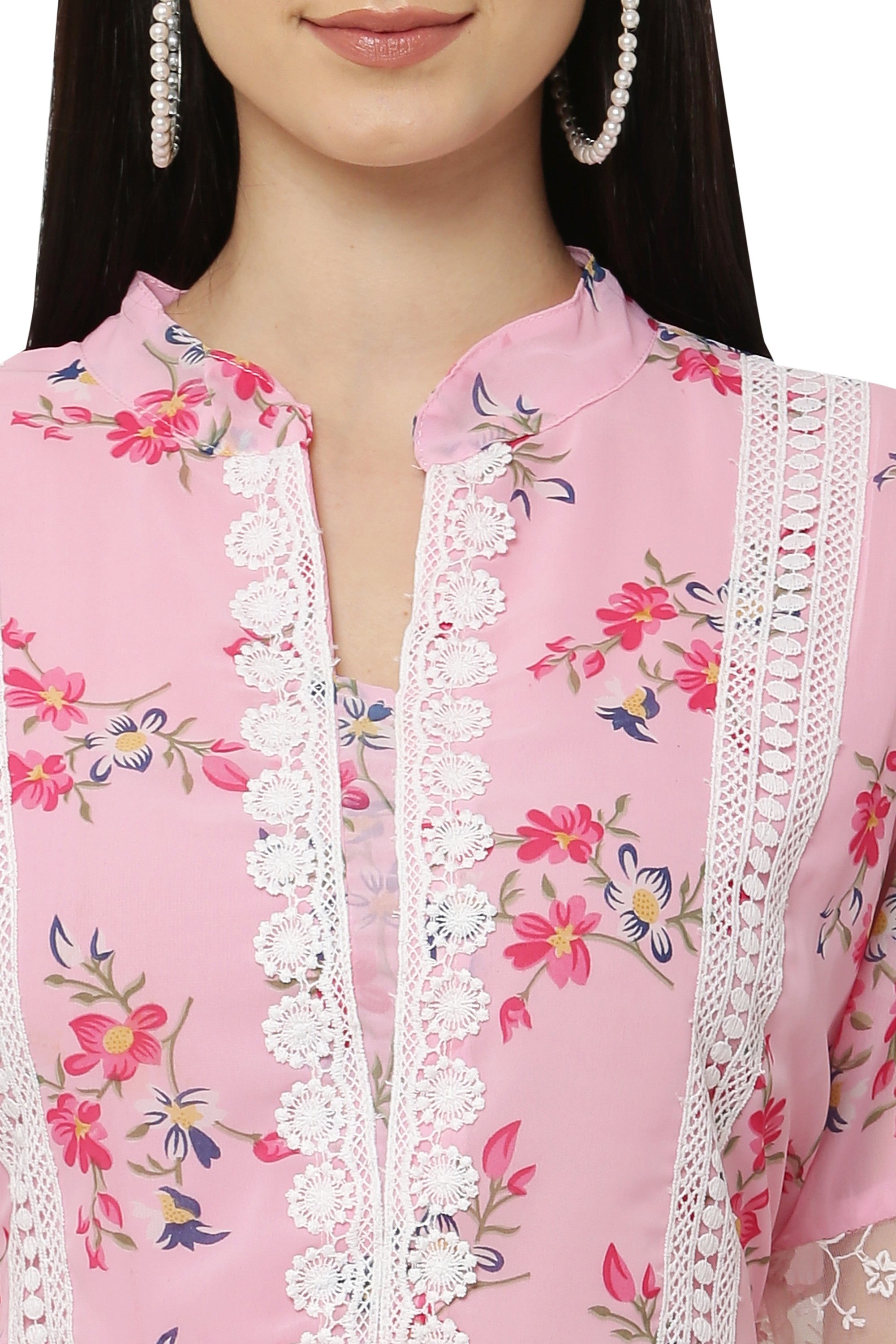 PAVONINE Pink Color Flower Printed Lace Bottom Dress For Girls & Women | Grocsy