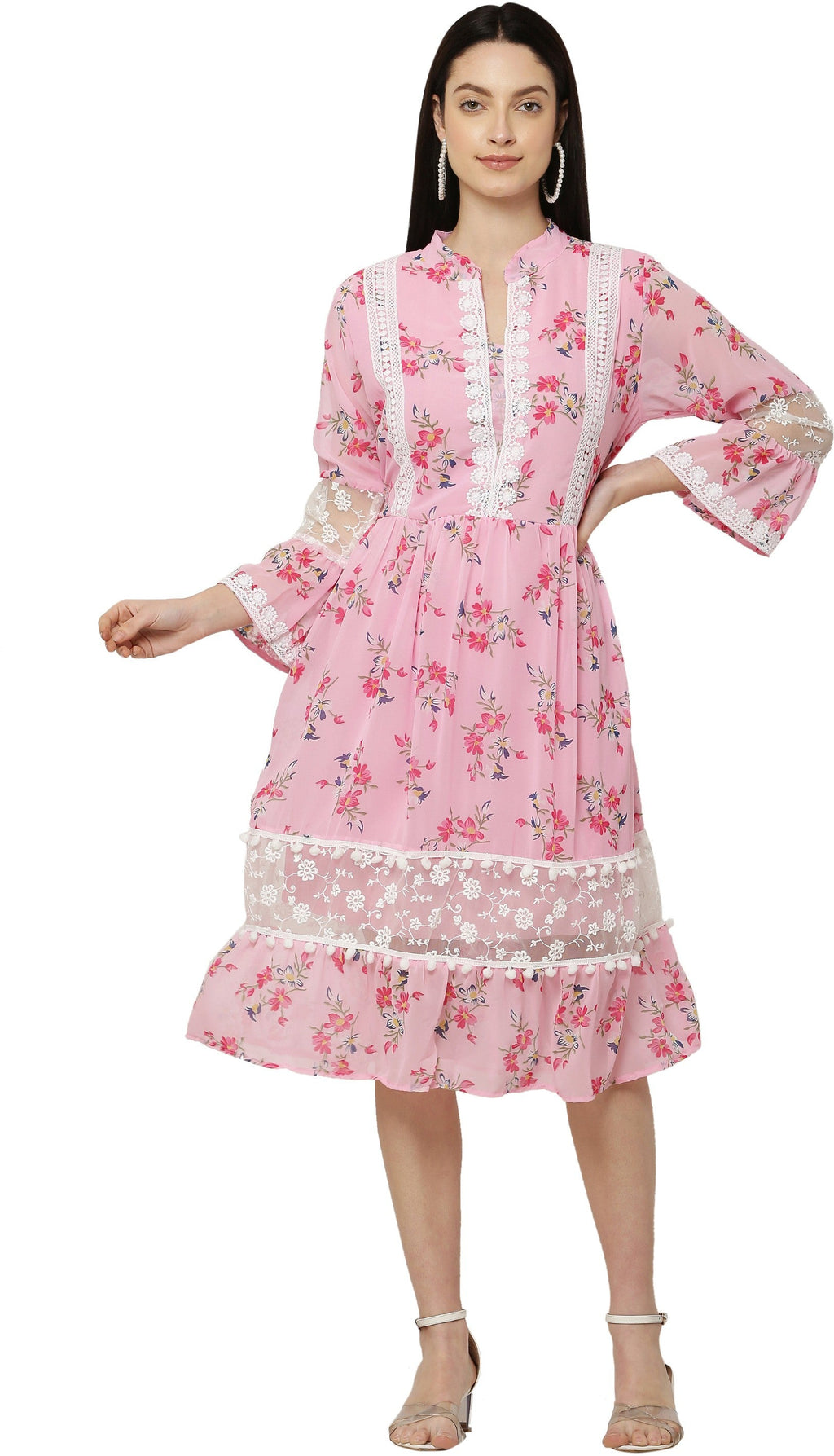 PAVONINE Pink Color Flower Printed Lace Bottom Dress For Girls & Women | Grocsy