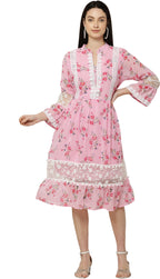 PAVONINE Pink Color Flower Printed Lace Bottom Dress For Girls & Women | Grocsy