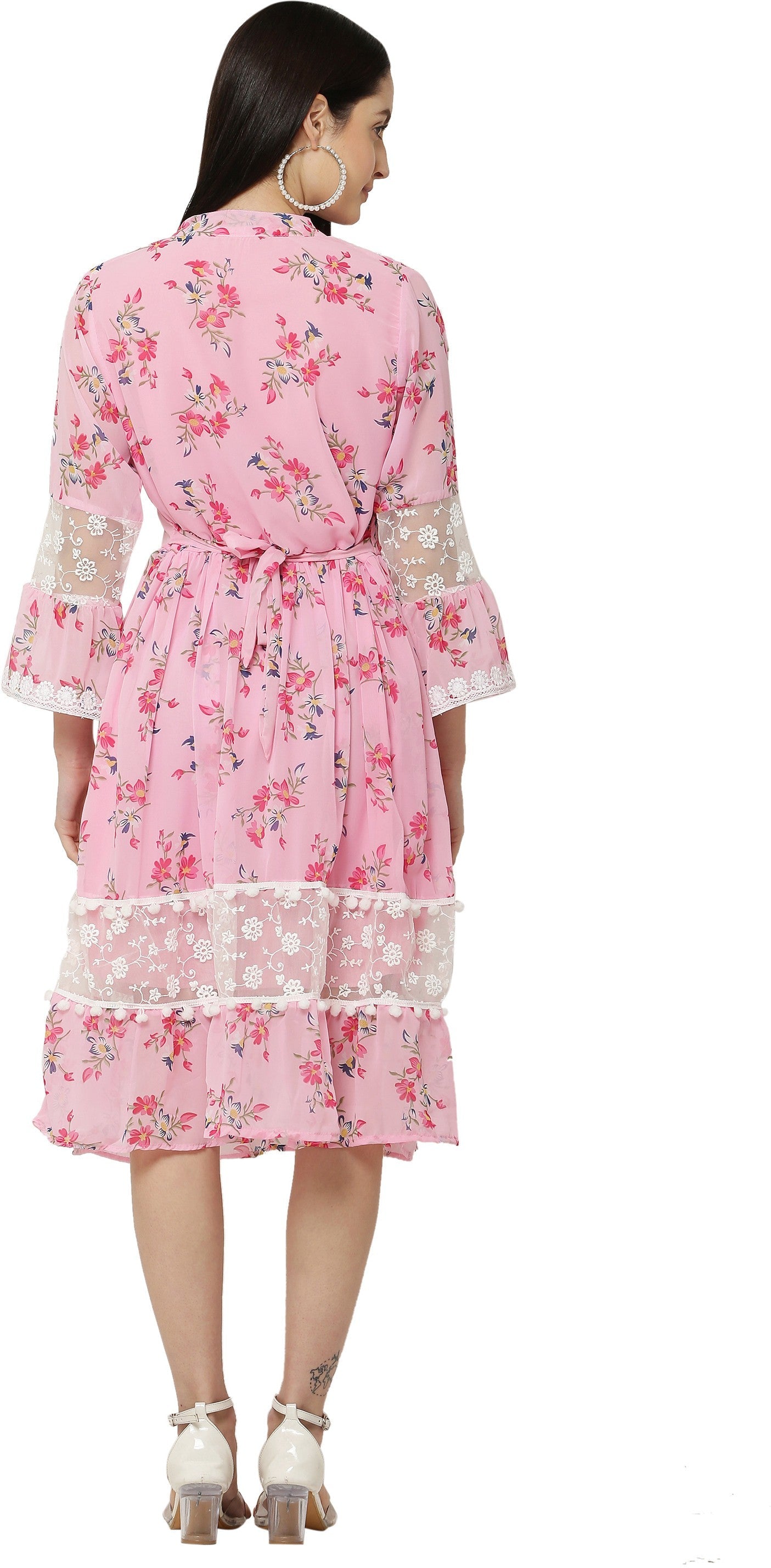 PAVONINE Pink Color Flower Printed Lace Bottom Dress For Girls & Women | Grocsy