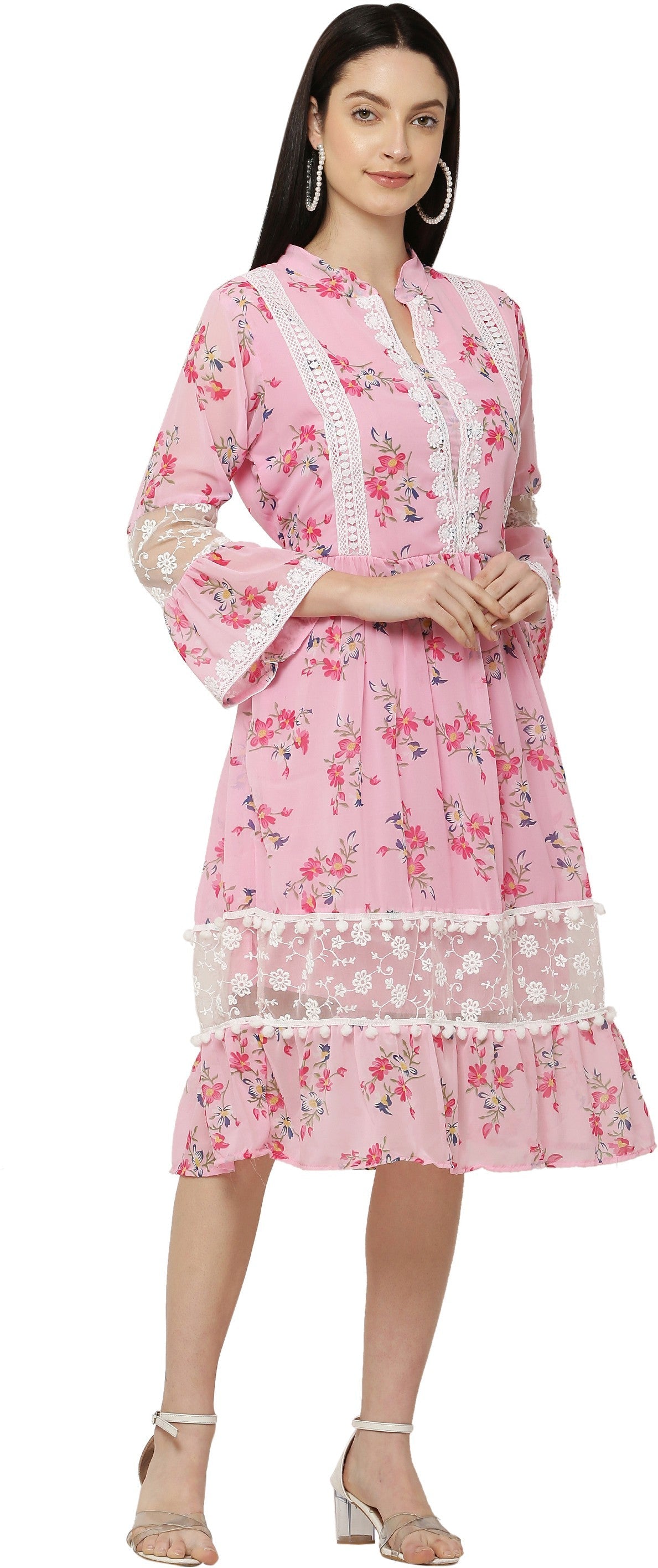 PAVONINE Pink Color Flower Printed Lace Bottom Dress For Girls & Women | Grocsy