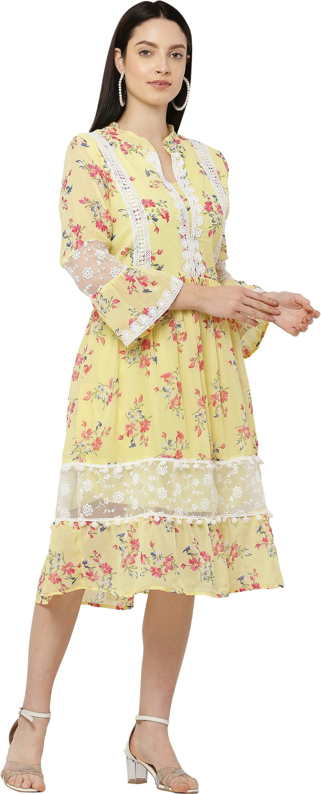 PAVONINE Yellow Color Flower Printed Lace Bottom Dress For Girls & Women | Grocsy