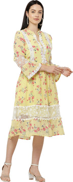 PAVONINE Yellow Color Flower Printed Lace Bottom Dress For Girls & Women | Grocsy