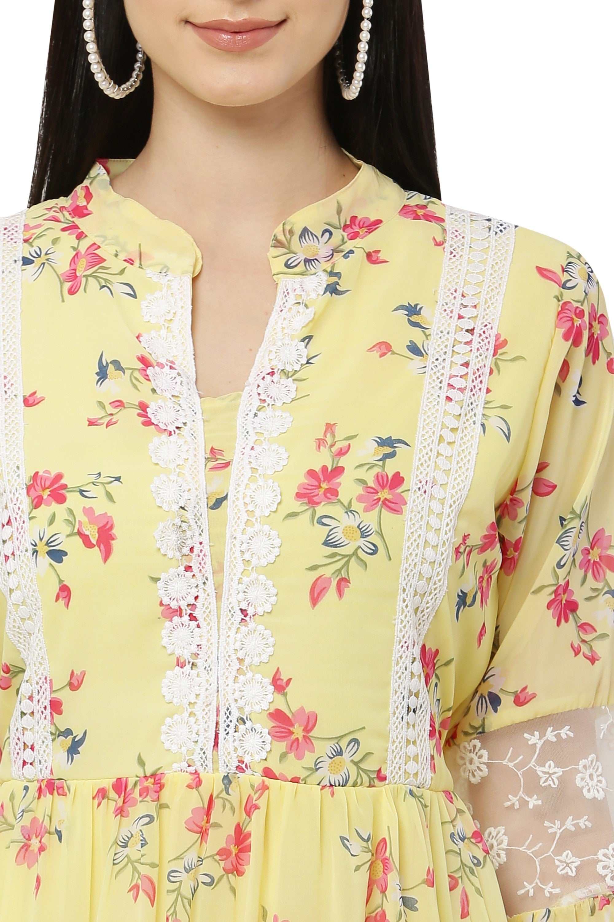 PAVONINE Yellow Color Flower Printed Lace Bottom Dress For Girls & Women | Grocsy
