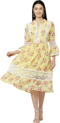 PAVONINE Yellow Color Flower Printed Lace Bottom Dress For Girls & Women | Grocsy