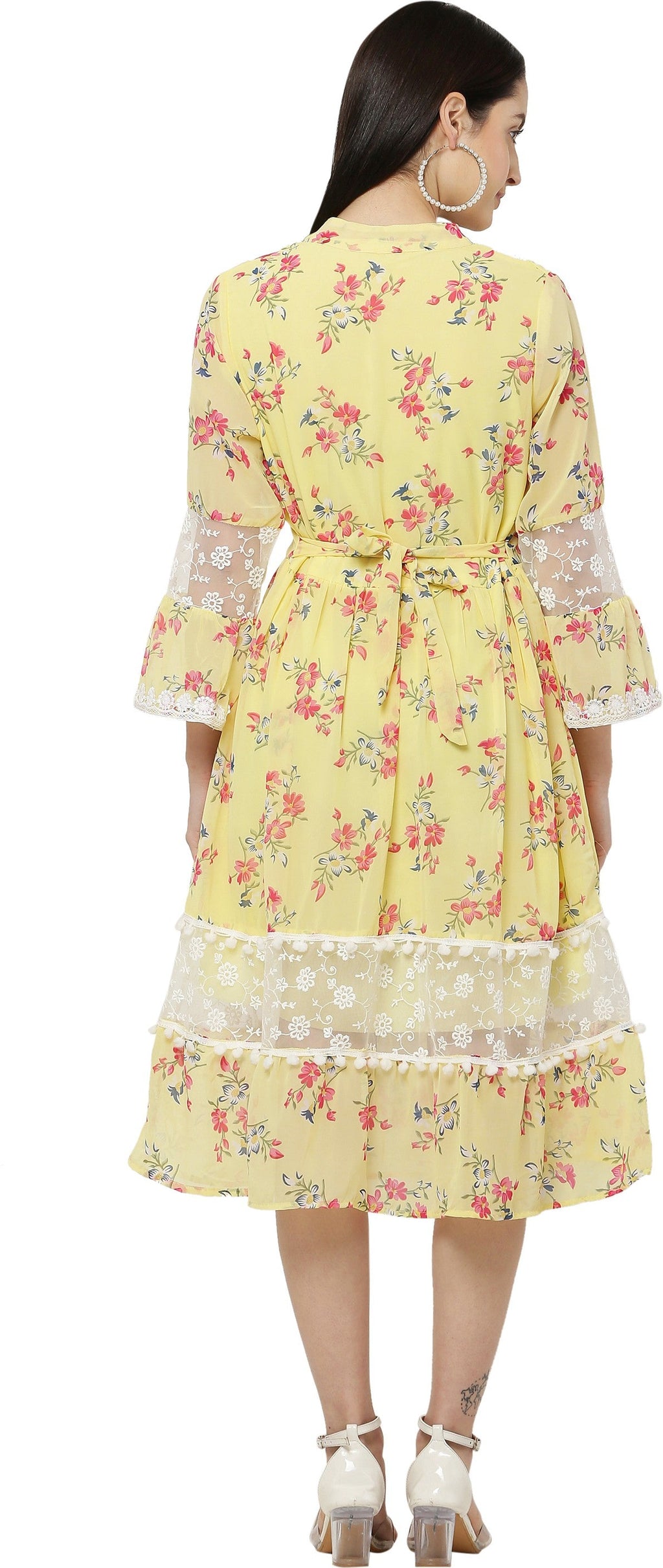 PAVONINE Yellow Color Flower Printed Lace Bottom Dress For Girls & Women | Grocsy
