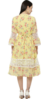 PAVONINE Yellow Color Flower Printed Lace Bottom Dress For Girls & Women | Grocsy