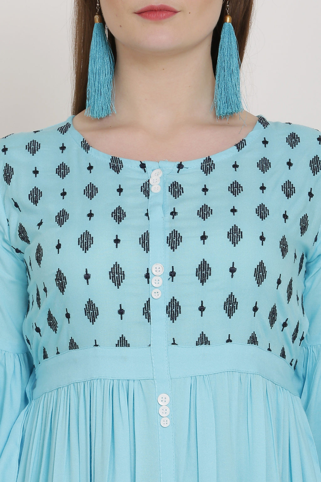 PAVONINE Firozi Color Embroidery Work With Button Dress For Women | Grocsy
