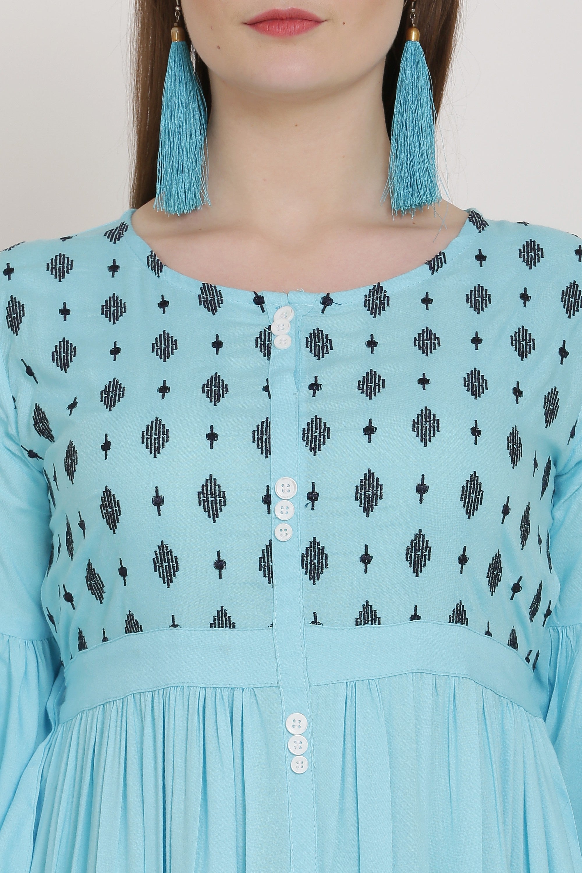 PAVONINE Firozi Color Embroidery Work With Button Dress For Women | Grocsy