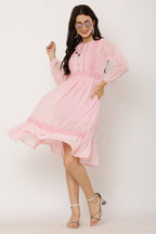 PAVONINE Peach Color Georgette Fabric Lace Inserts Dress For Girls | Grocsy