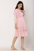 PAVONINE Peach Color Georgette Fabric Lace Inserts Dress For Girls | Grocsy