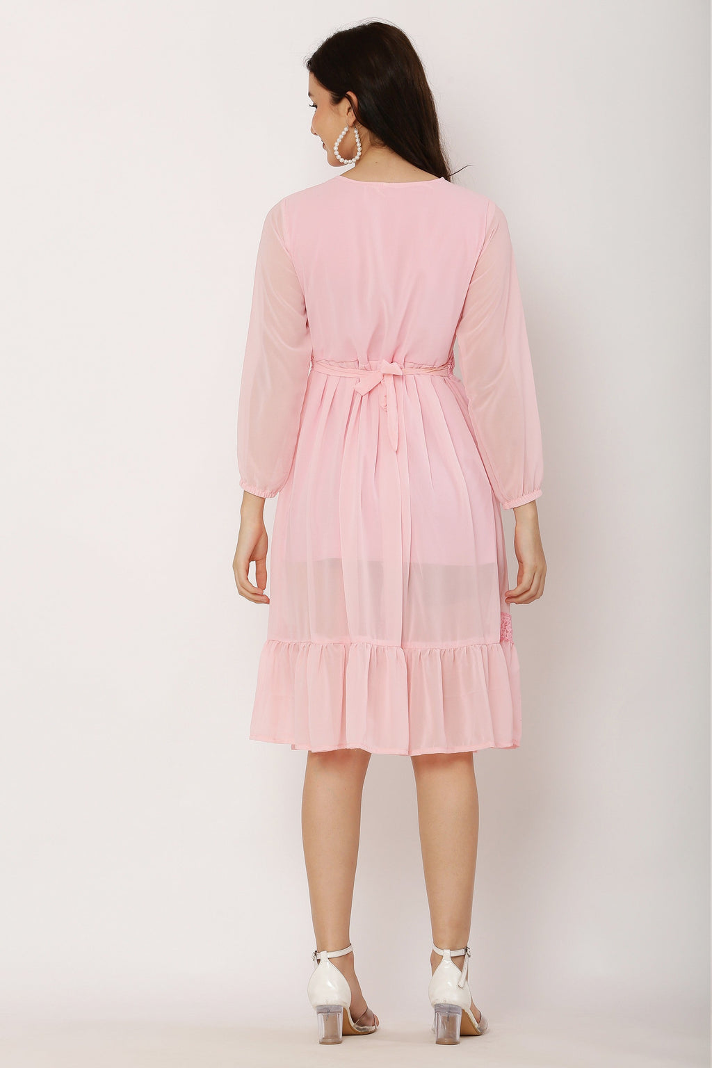 PAVONINE Peach Color Georgette Fabric Lace Inserts Dress For Girls | Grocsy