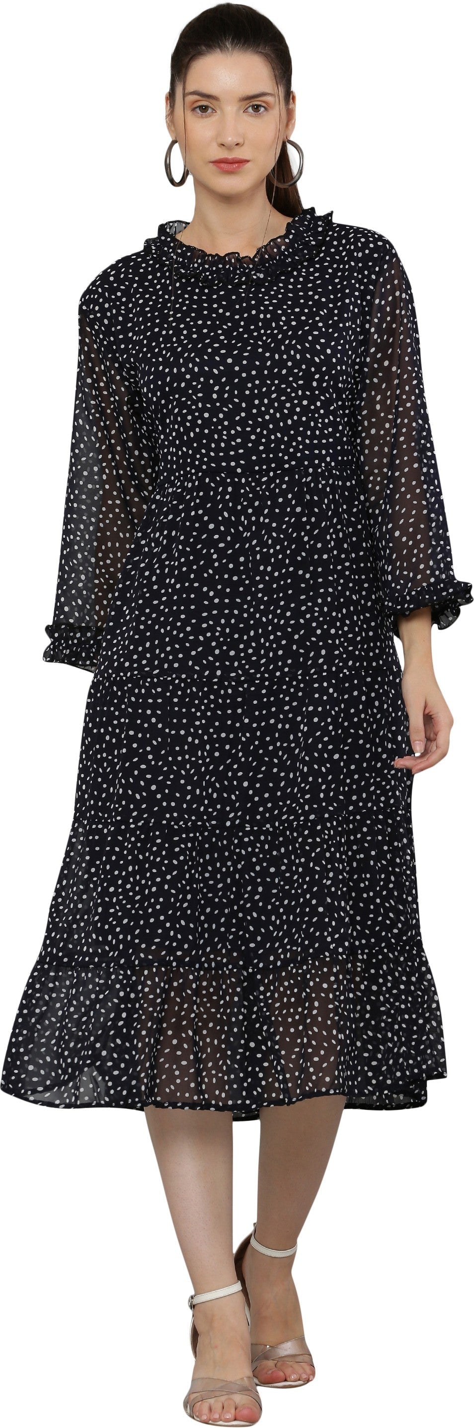 PAVONINE Micro Dots Frill-Neck Georgette Fabric Navy Blue Dress For Women | Grocsy