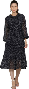 PAVONINE Micro Dots Frill-Neck Georgette Fabric Navy Blue Dress For Women | Grocsy