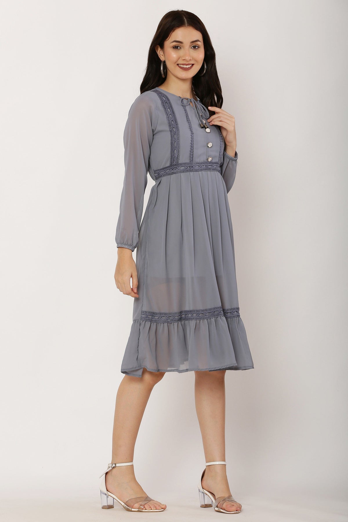 PAVONINE Grey Color Georgette Fabric Lace Inserts Dress For Girls | Grocsy