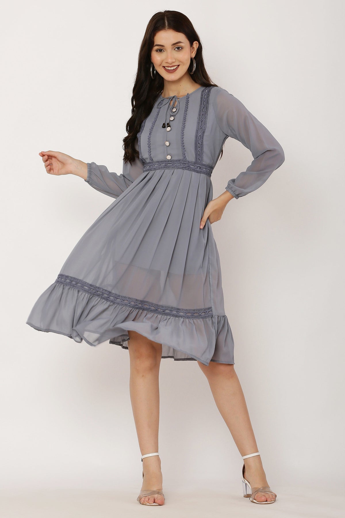 PAVONINE Grey Color Georgette Fabric Lace Inserts Dress For Girls | Grocsy