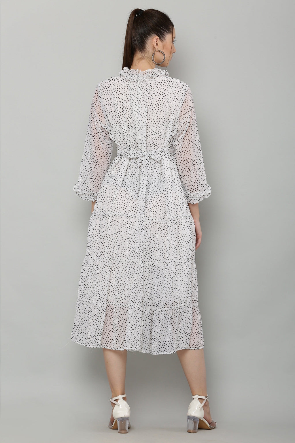 PAVONINE Micro Dots Frill-Neck Georgette Fabric White Dress For Women | Grocsy