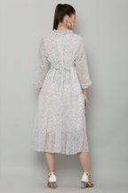 PAVONINE Micro Dots Frill-Neck Georgette Fabric White Dress For Women | Grocsy