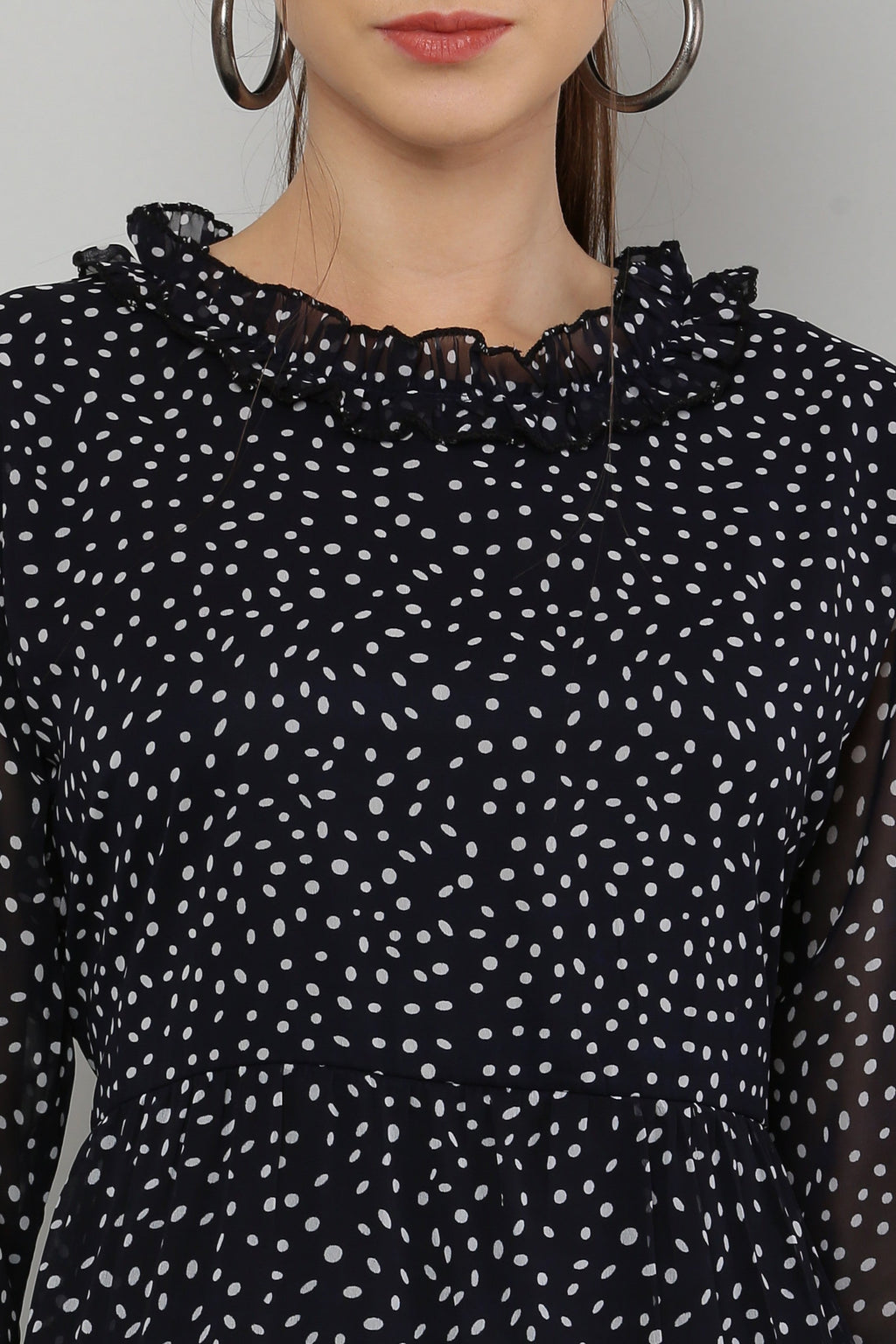 PAVONINE Micro Dots Frill-Neck Georgette Fabric Navy Blue Dress For Women | Grocsy