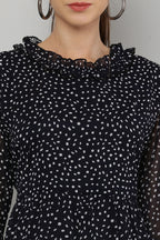 PAVONINE Micro Dots Frill-Neck Georgette Fabric Navy Blue Dress For Women | Grocsy