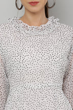 PAVONINE Micro Dots Frill-Neck Georgette Fabric White Dress For Women | Grocsy