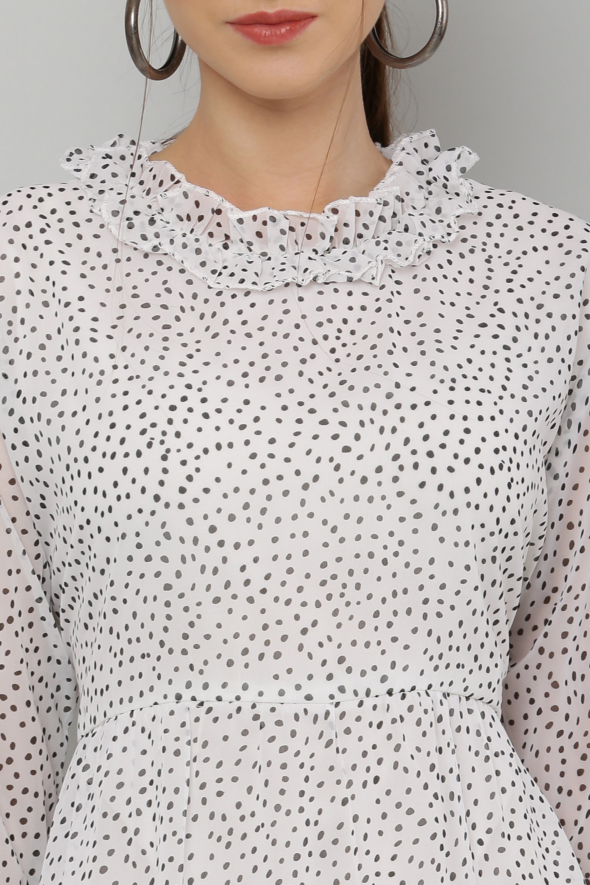 PAVONINE Micro Dots Frill-Neck Georgette Fabric White Dress For Women | Grocsy
