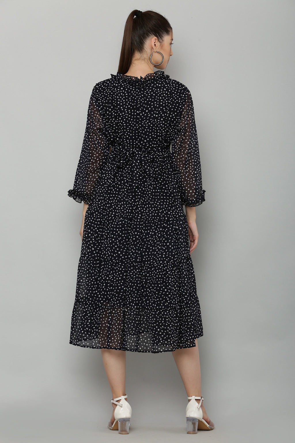 PAVONINE Micro Dots Frill-Neck Georgette Fabric Navy Blue Dress For Women | Grocsy