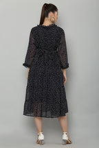 PAVONINE Micro Dots Frill-Neck Georgette Fabric Navy Blue Dress For Women | Grocsy