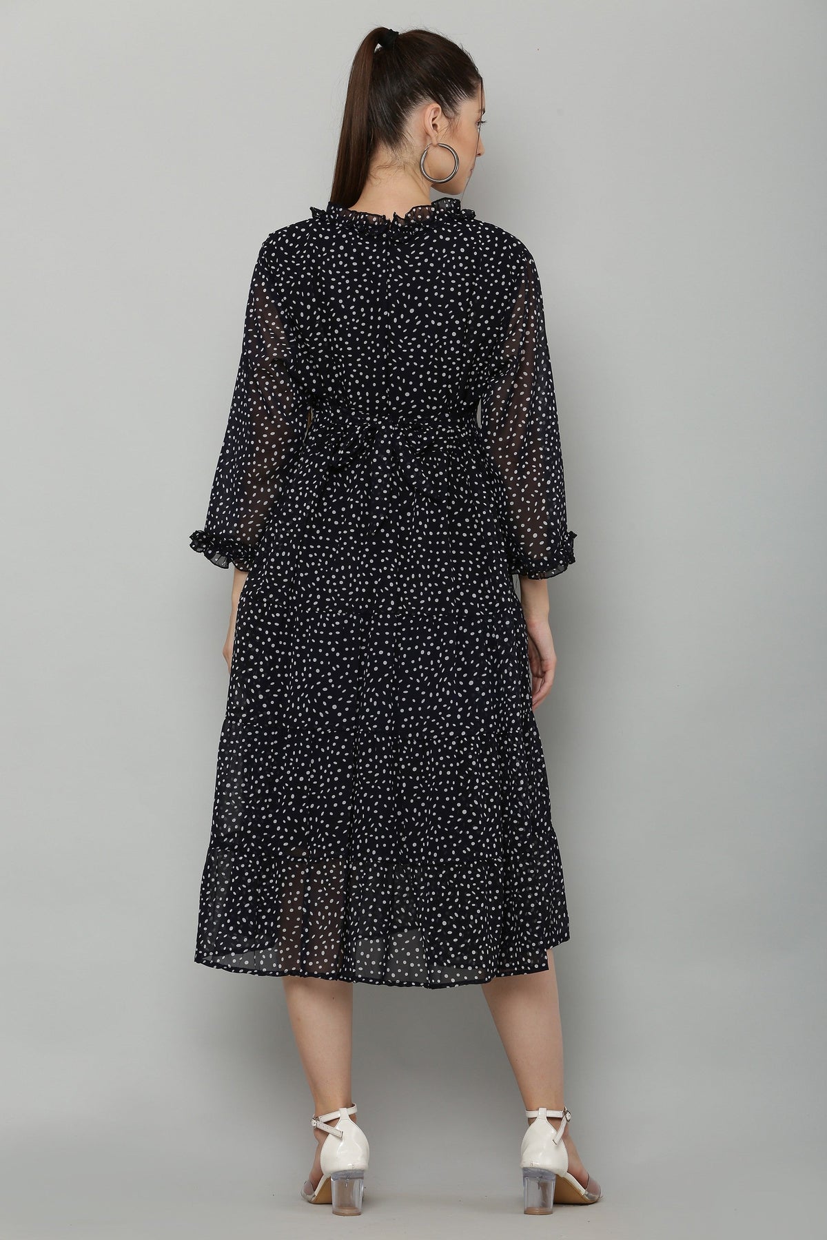 PAVONINE Micro Dots Frill-Neck Georgette Fabric Navy Blue Dress For Women | Grocsy