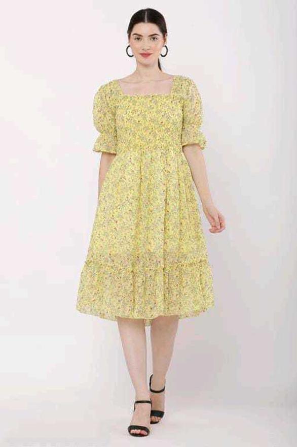 PAVONINE Yellow Color Georgette Fabric Body Kansai Midi For Girls | Grocsy