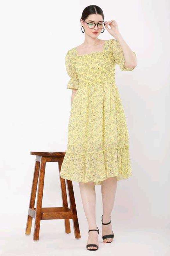 PAVONINE Yellow Color Georgette Fabric Body Kansai Midi For Girls | Grocsy