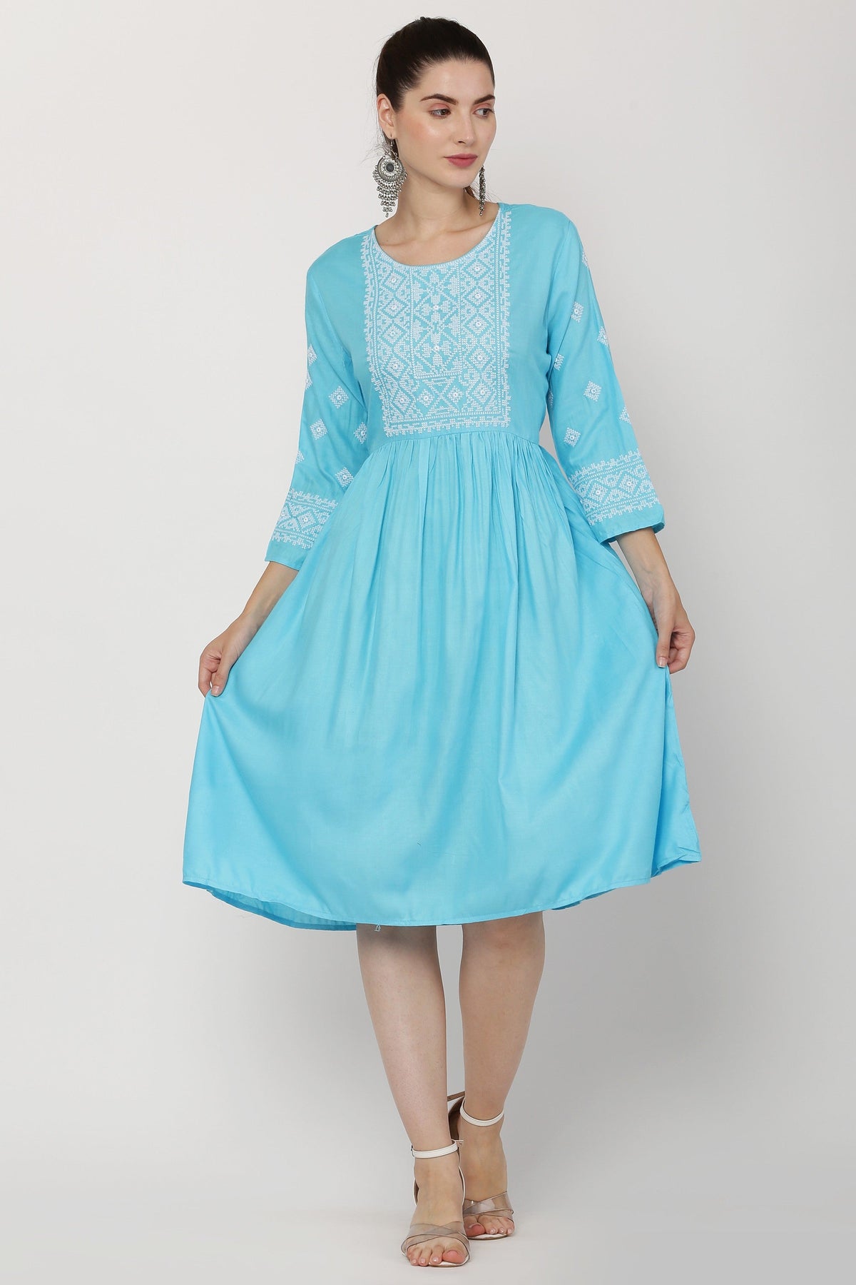 PAVONINE Firozi Color Burfi Design Embroidery Dress For Women | Grocsy