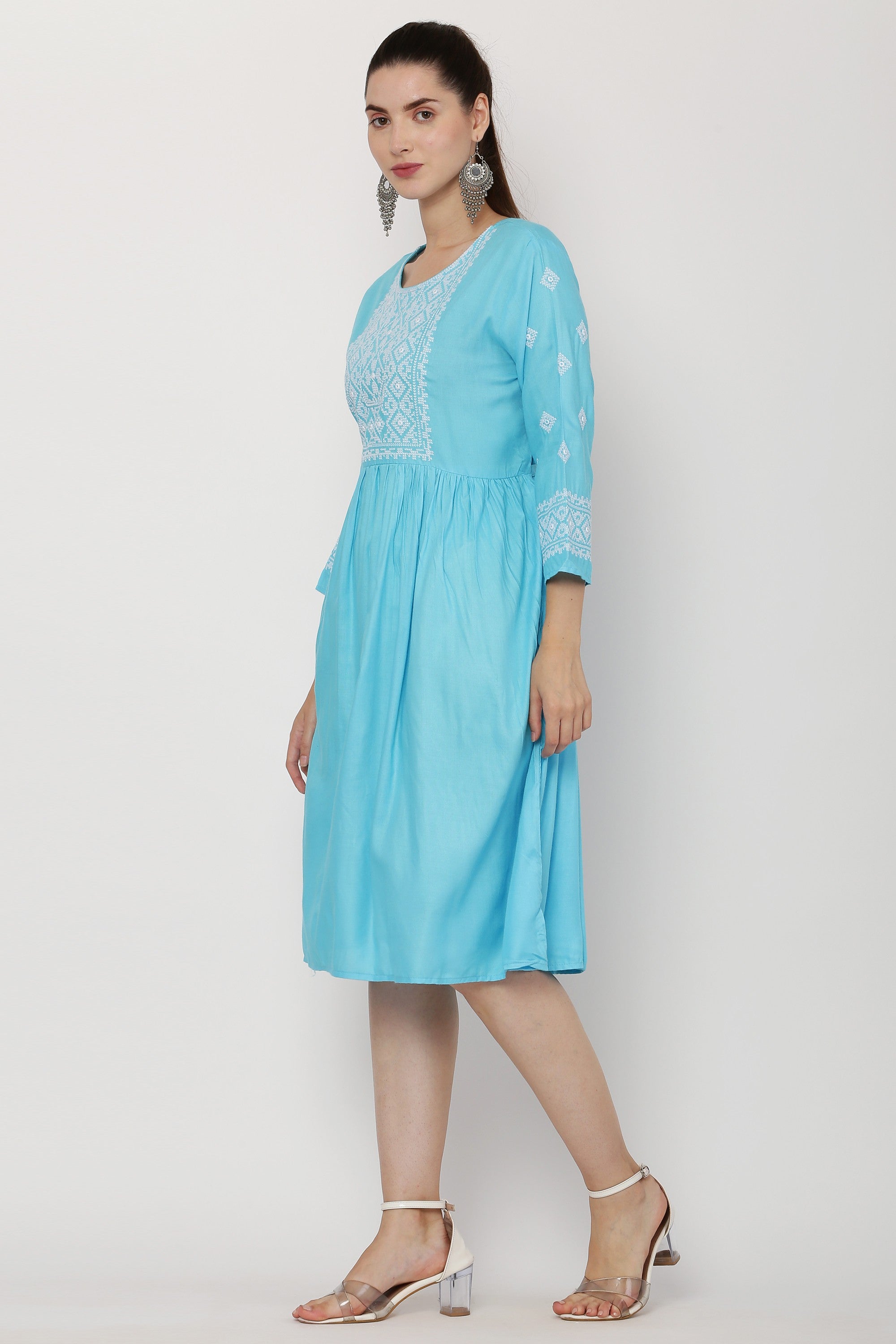 PAVONINE Firozi Color Burfi Design Embroidery Dress For Women | Grocsy