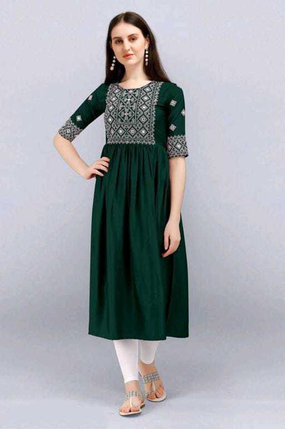 PAVONINE Bottle Green Color Burfi Design Embroidery Dress For Women | Grocsy