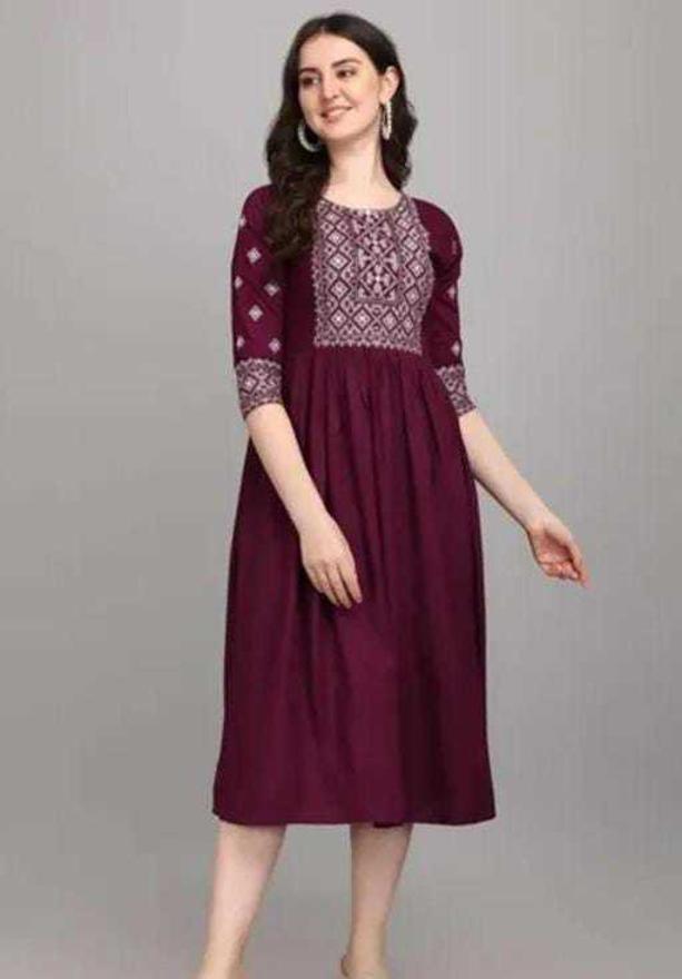 PAVONINE Wine Color Burfi-Design Embroidery Dress For Women | Grocsy