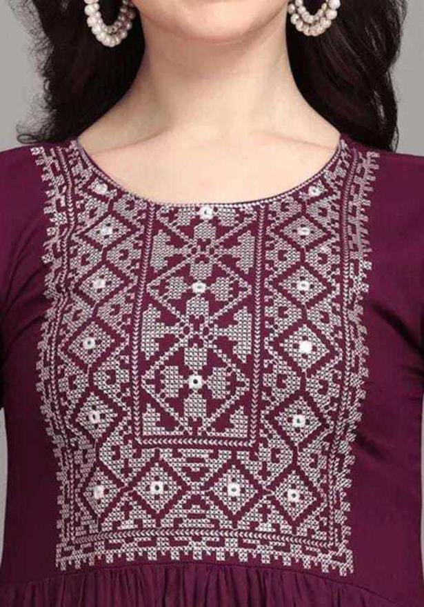 PAVONINE Wine Color Burfi-Design Embroidery Dress For Women | Grocsy