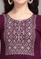 PAVONINE Wine Color Burfi-Design Embroidery Dress For Women | Grocsy