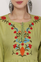PAVONINE Pista Color Flower Embroidery Dress For Women | Grocsy