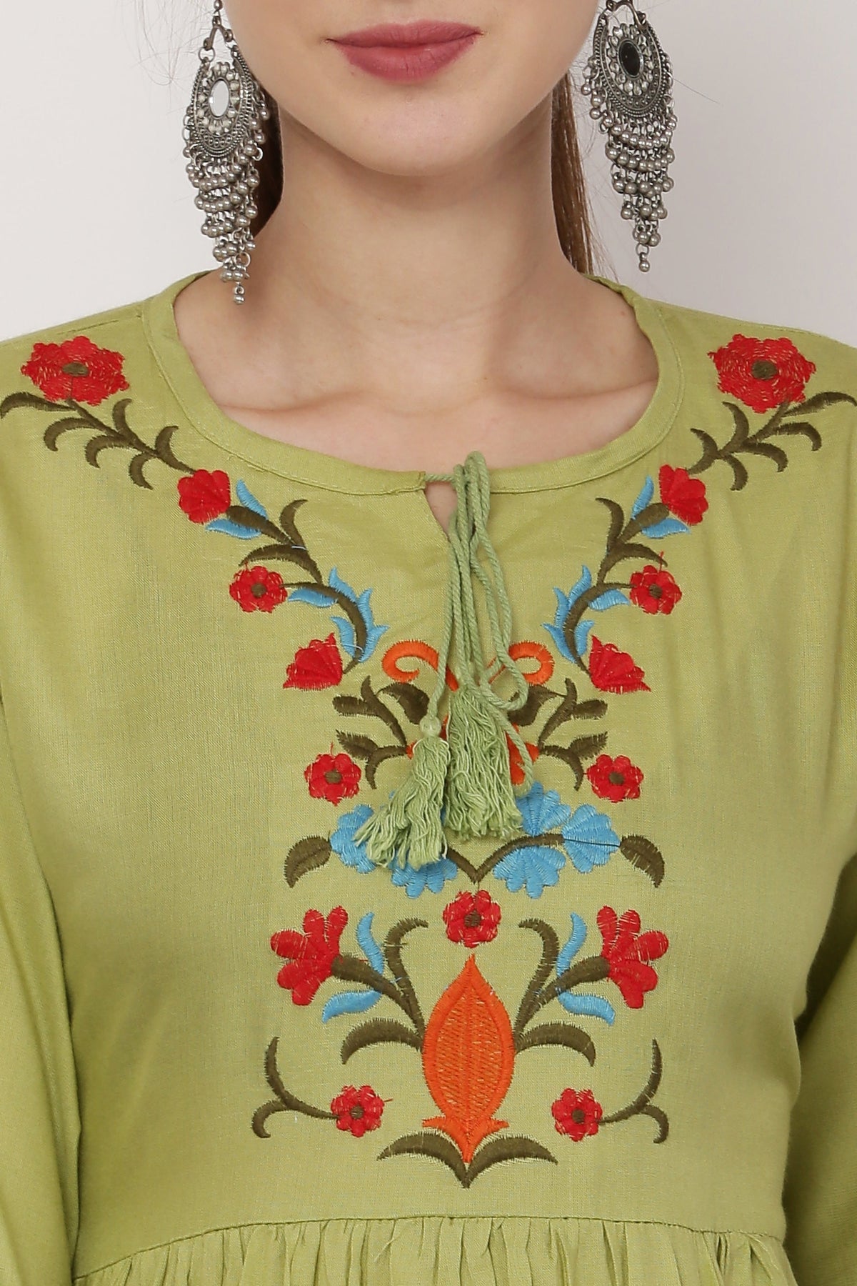 PAVONINE Pista Color Flower Embroidery Dress For Women | Grocsy