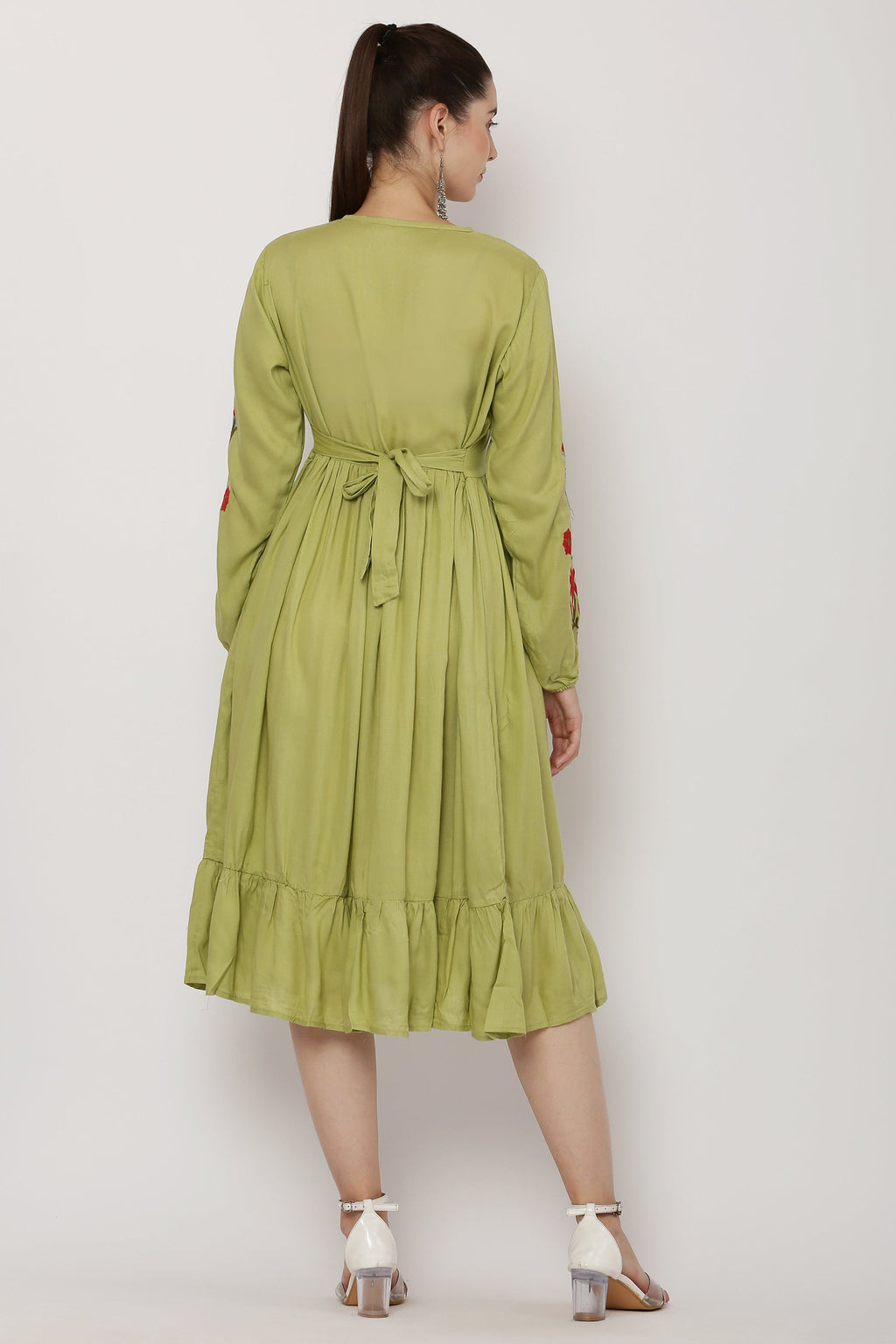 PAVONINE Pista Color Flower Embroidery Dress For Women | Grocsy