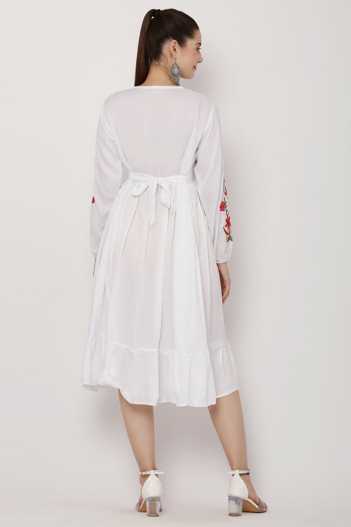 PAVONINE White Color Flower Embroidery Dress For Women | Grocsy