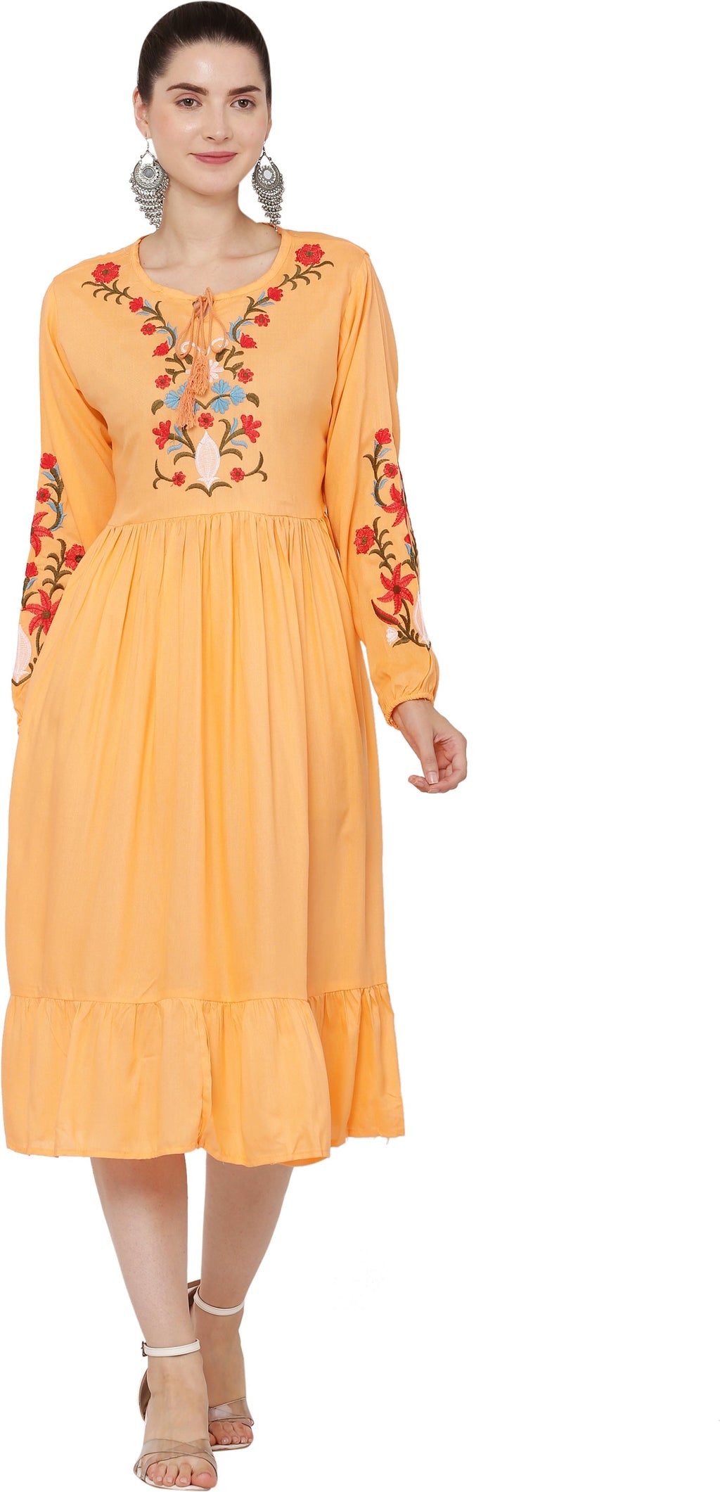PAVONINE Peach Color Flower Embroidery Dress For Women | Grocsy