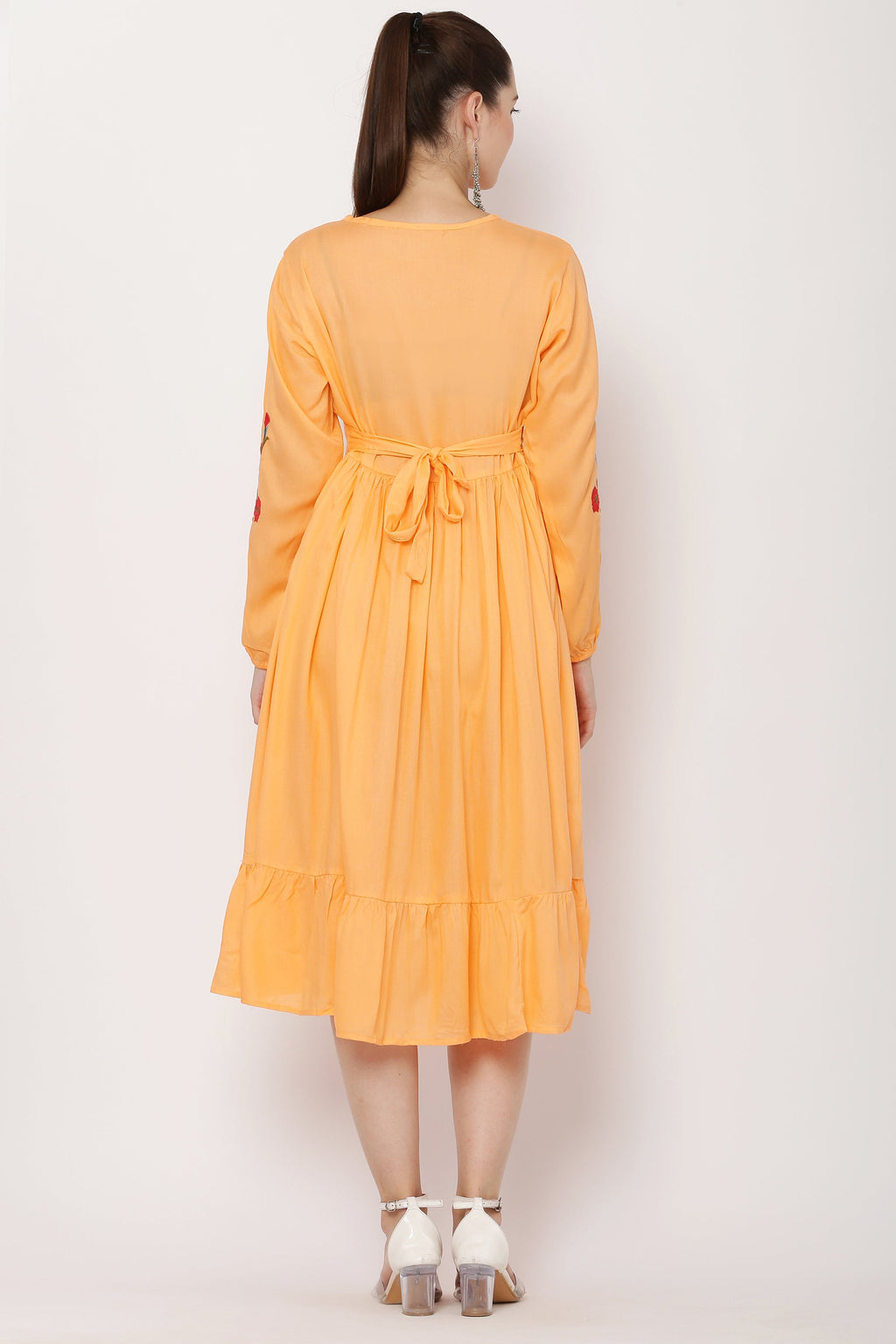 PAVONINE Peach Color Flower Embroidery Dress For Women | Grocsy