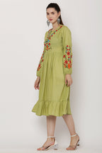 PAVONINE Pista Color Flower Embroidery Dress For Women | Grocsy