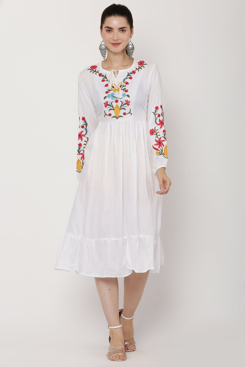 PAVONINE White Color Flower Embroidery Dress For Women | Grocsy