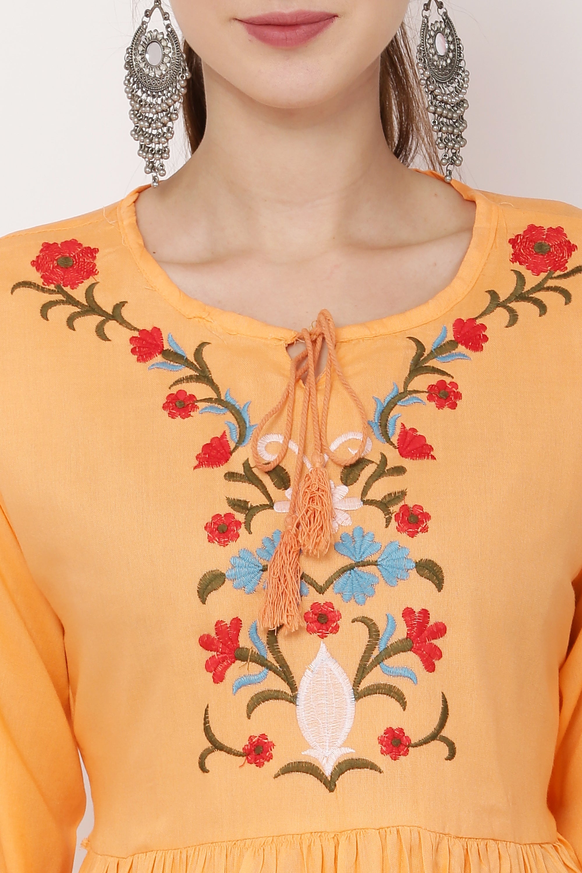 PAVONINE Peach Color Flower Embroidery Dress For Women | Grocsy