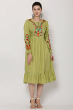 PAVONINE Pista Color Flower Embroidery Dress For Women | Grocsy