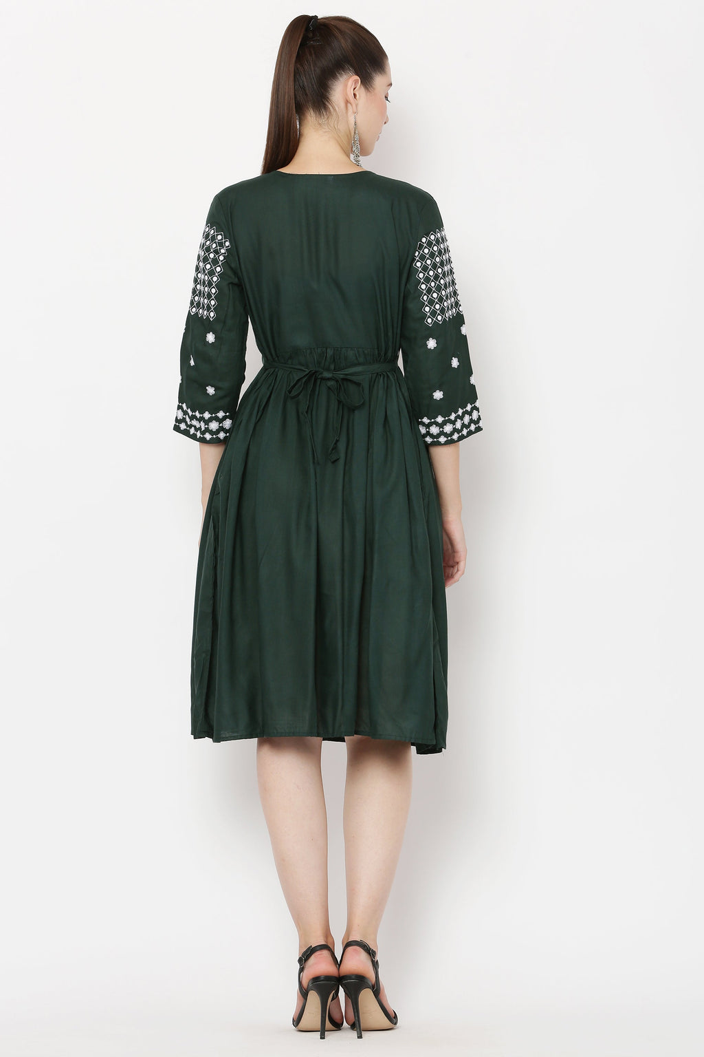 PAVONINE Bottle Green Color Polka Dots Embroidery Dress For Women | Grocsy