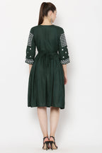PAVONINE Bottle Green Color Polka Dots Embroidery Dress For Women | Grocsy